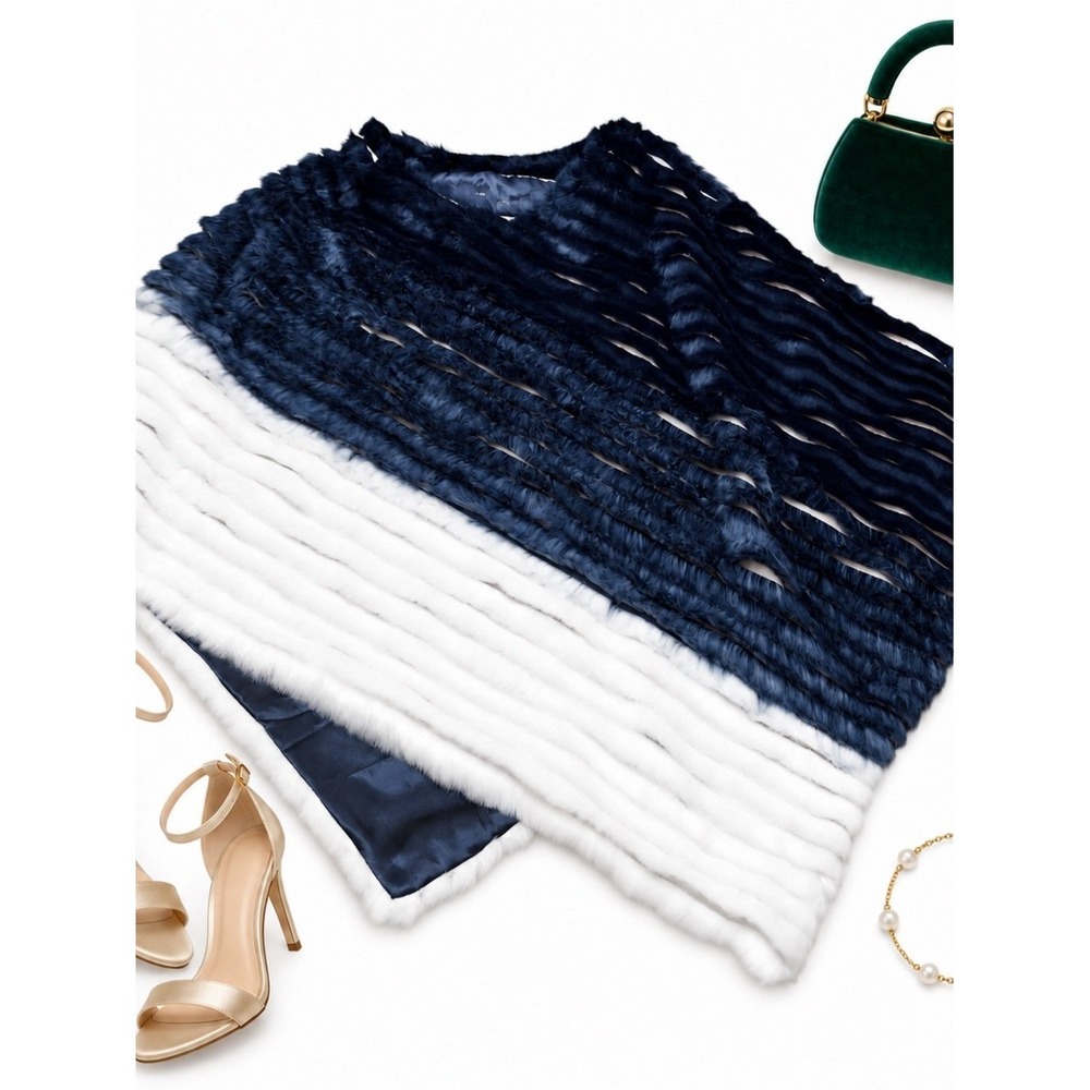 INC Faux Fur Cape Topper S/M Navy White Ombre Lined Evening Wrap Winter Poncho